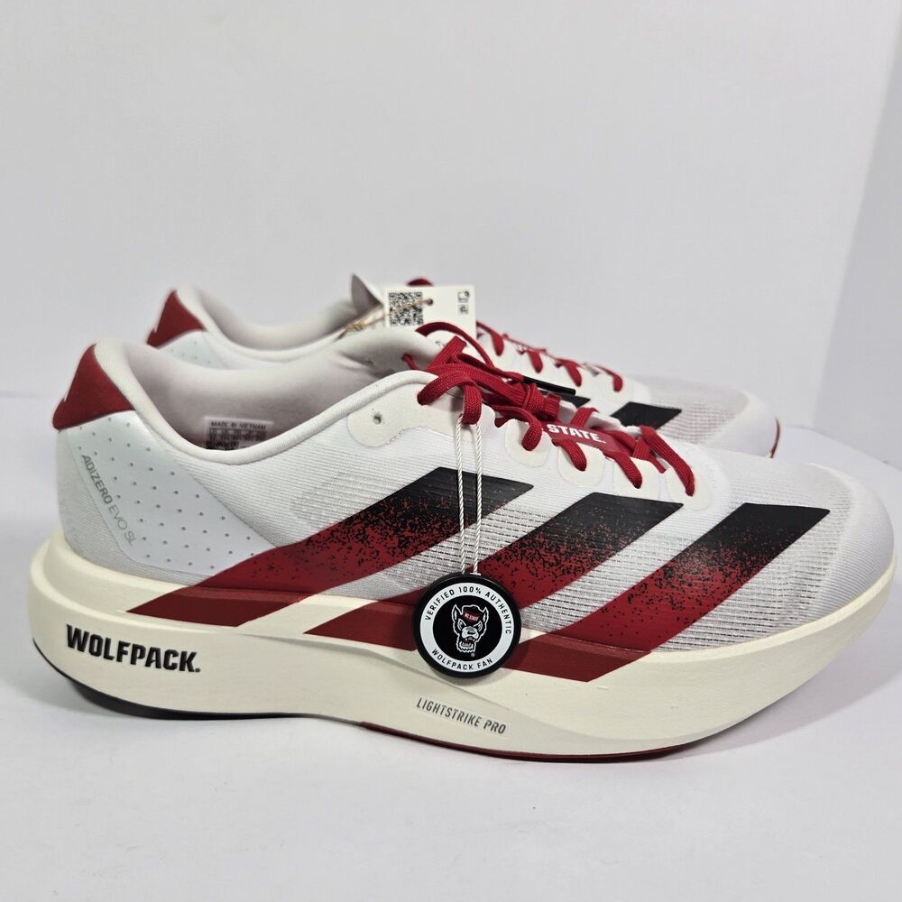 NCAA x adidas Adizero Evo SL 'NC State' White Red Running Shoes JQ4571 Mens 12